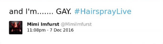 The image is a screenshot of a tweet posted by the Twitter handle @MimiImfurst, attributed to the user named Mimi Imfurst. The tweet, which was posted at 11:08 pm on 7 Dec 2016, reads: "and I'm....... GAY. #HairsprayLive". The profile picture of the Twitter account shows a person with red lighting on their face, making their features less distinct.