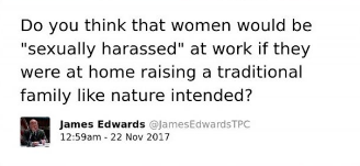 The image is a screenshot of a tweet by a user named James Edwards (@JamesEdwardsTPC), timestamped at 12:59 am on 22 Nov 2017. The tweet reads, "Do you think that women would be 'sexually harassed' at work if they were at home raising a traditional family like nature intended?"