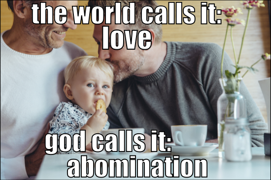 The image is a photo of two men and a baby sitting together at what appears to be a café. One man is holding the baby on his lap, and the other is leaning in and kissing the baby on the head. There is text over the image that says 'the world calls it: love. god calls it: abomination'.