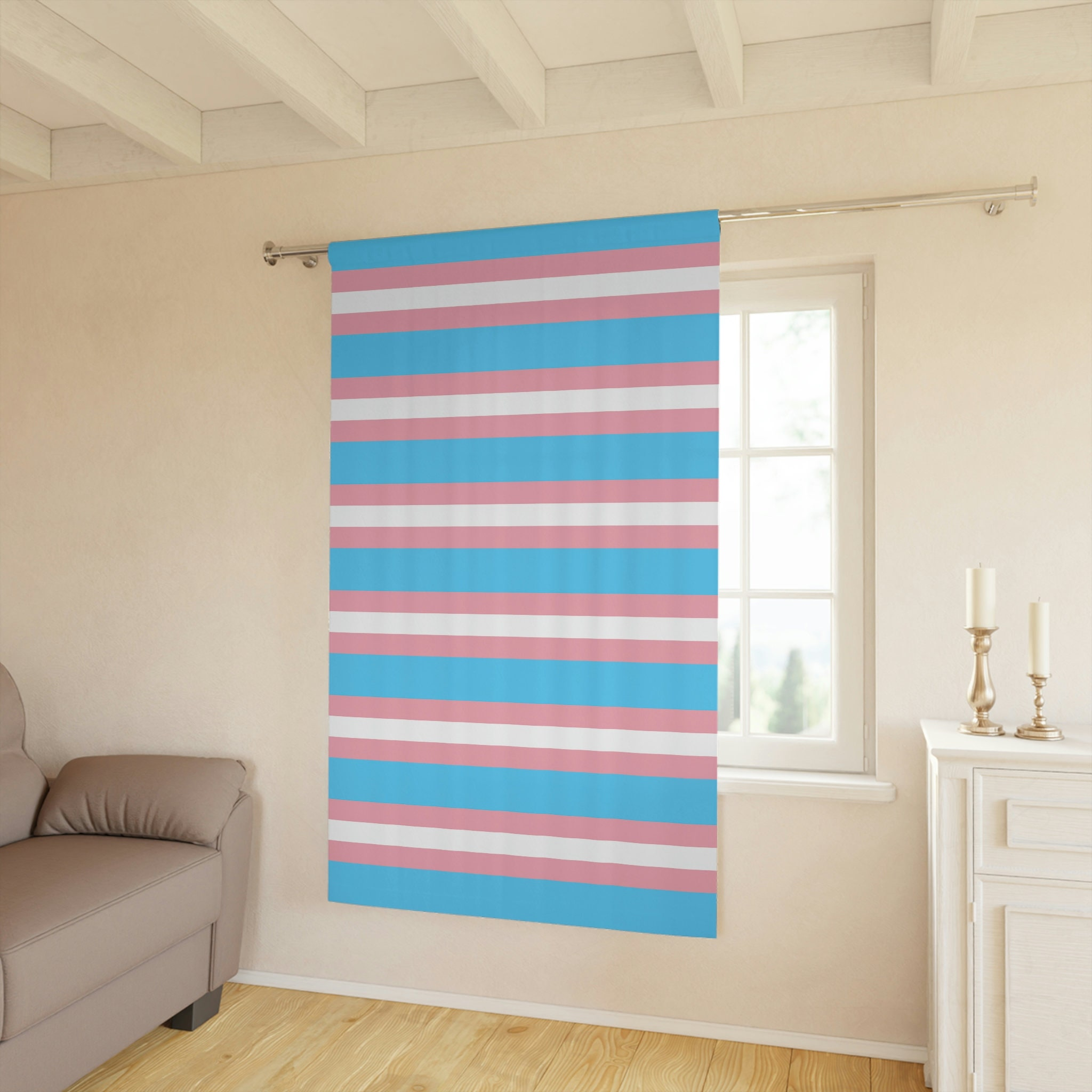 The post includes an image of an apartment with a window covered by curtains colored in blue, pink and white stripes. On the image, there is text overlay that says 'New technology. Curtains that hang themselves'. Above it, the words 'spring cleaning <3' appear.